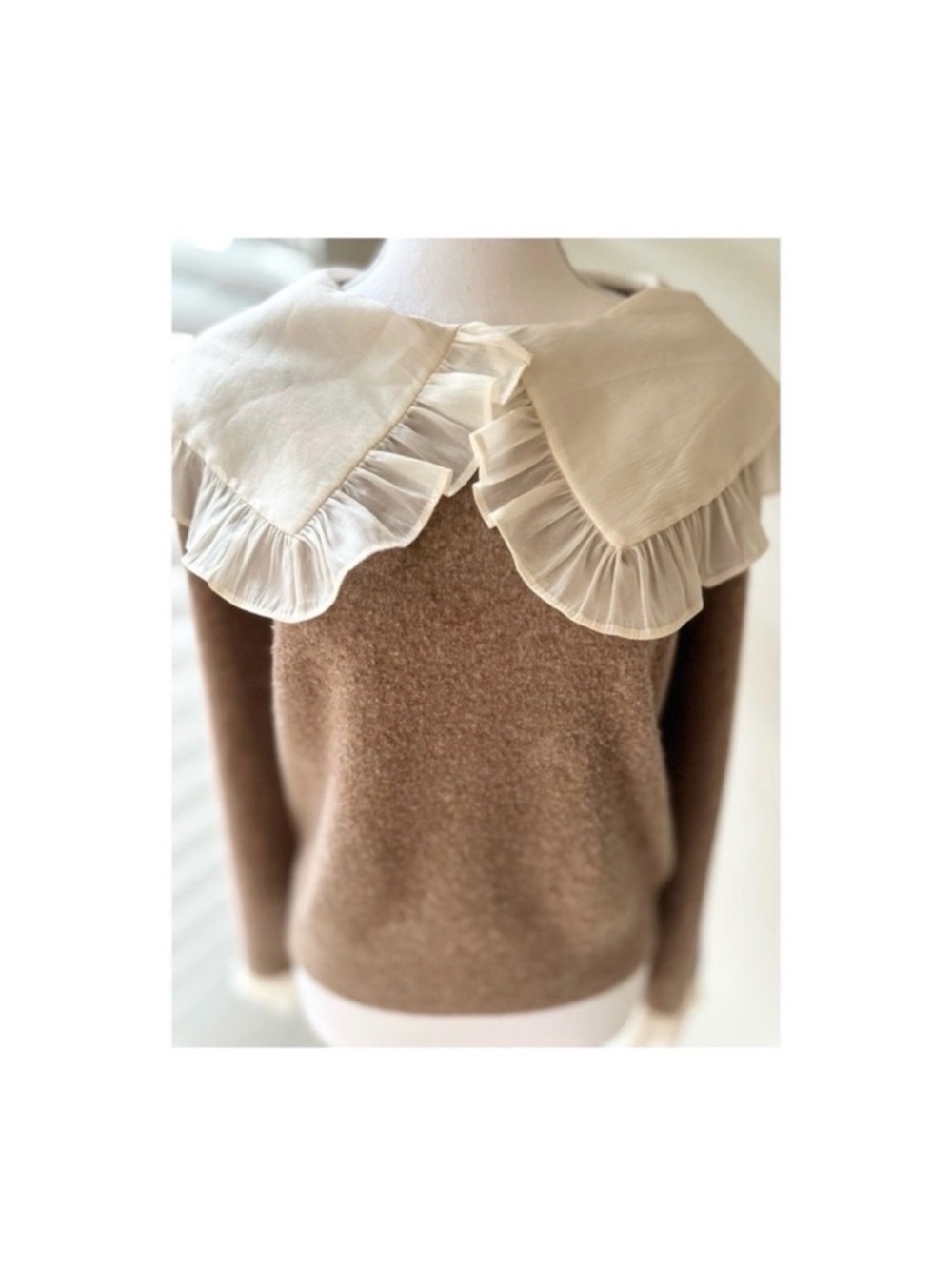 Zara Brown Knit Sweater with Cream Ruffled Collar